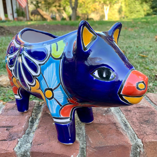 Talavera pig Planting pot in blue