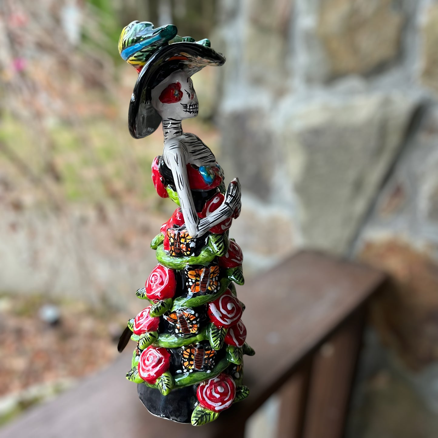 Mexican Talavera Catrina Skelton Doll Rose Left Side