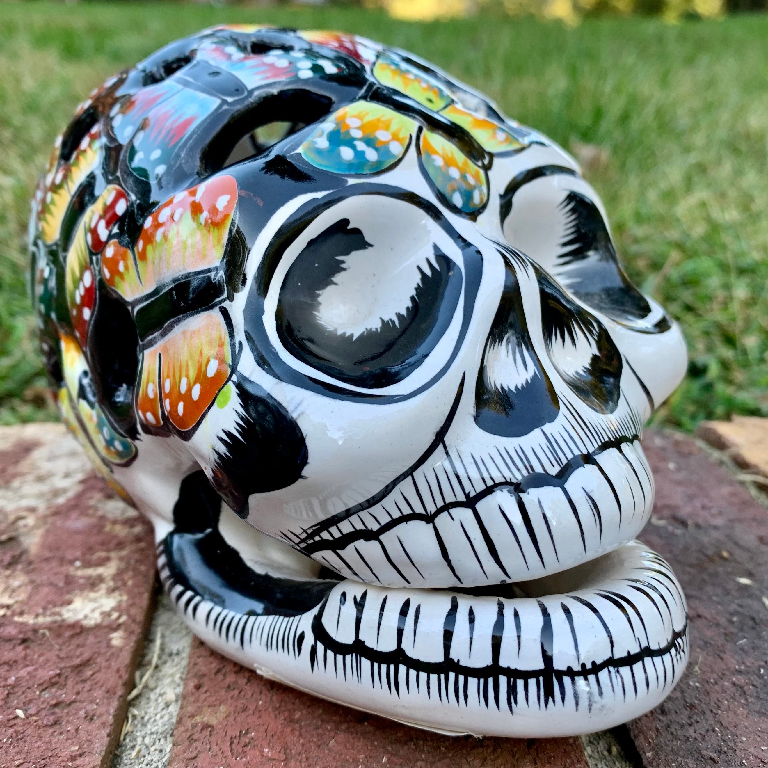 Mexican Talavera Frida Sugar Skull - Day of the Dead Art | MexDecor