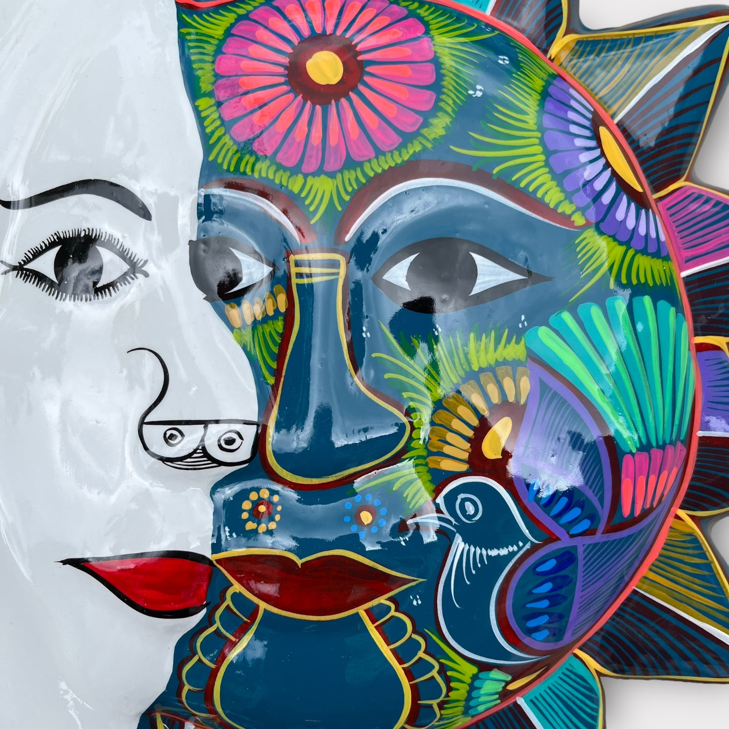 folk art mexican clay sun and moon eclipse faces
