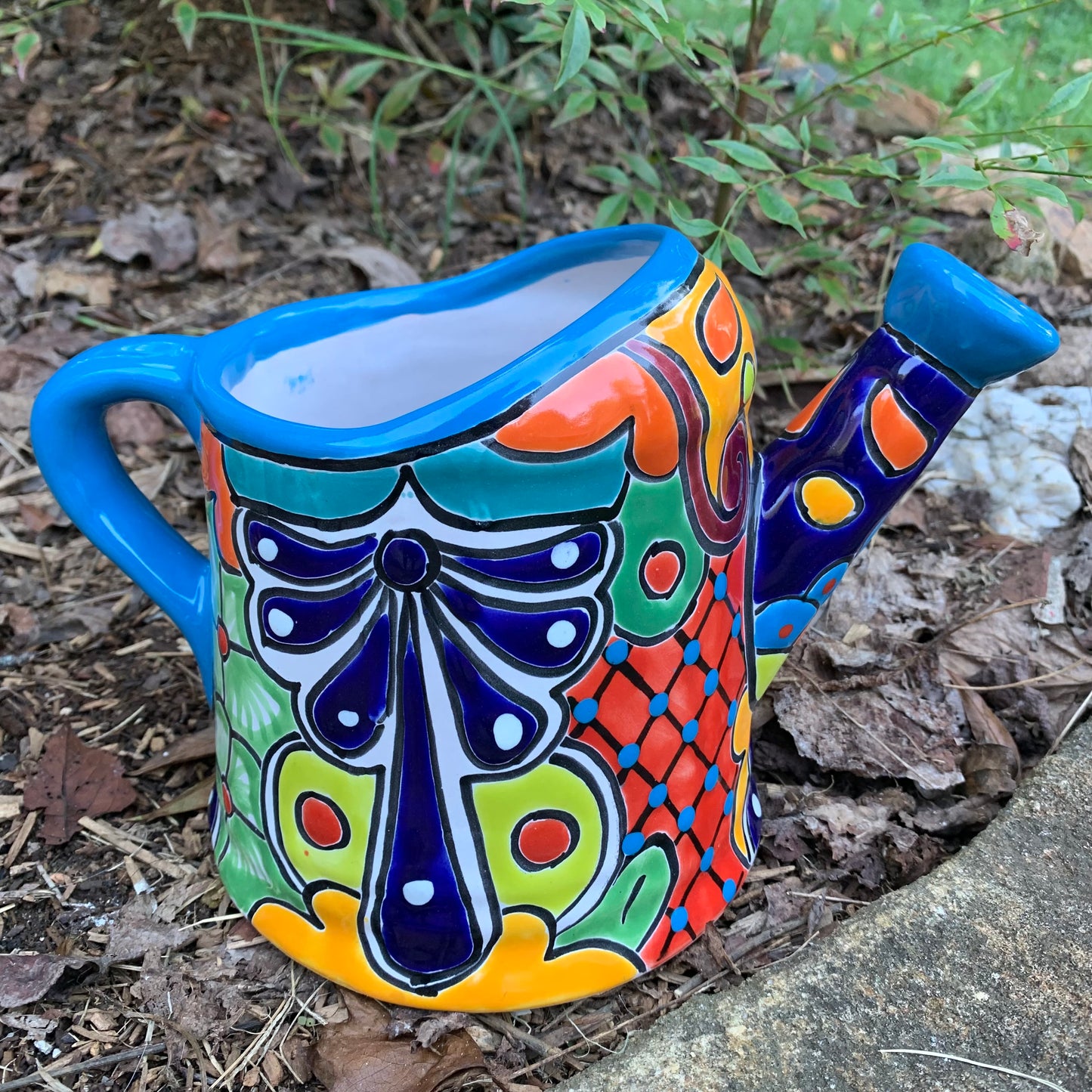 Mexican Talavera watering can planting pot turquoise