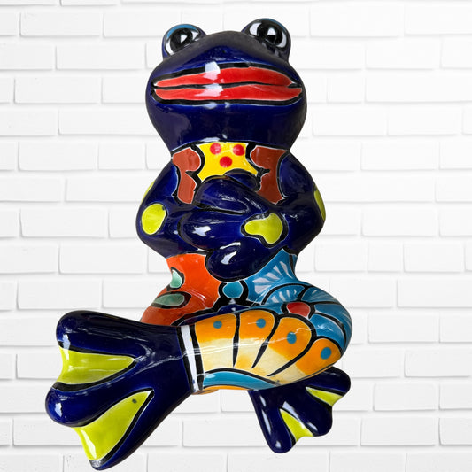 Mexican Talavera, dancing wall, frogs in blue with multicolor designs