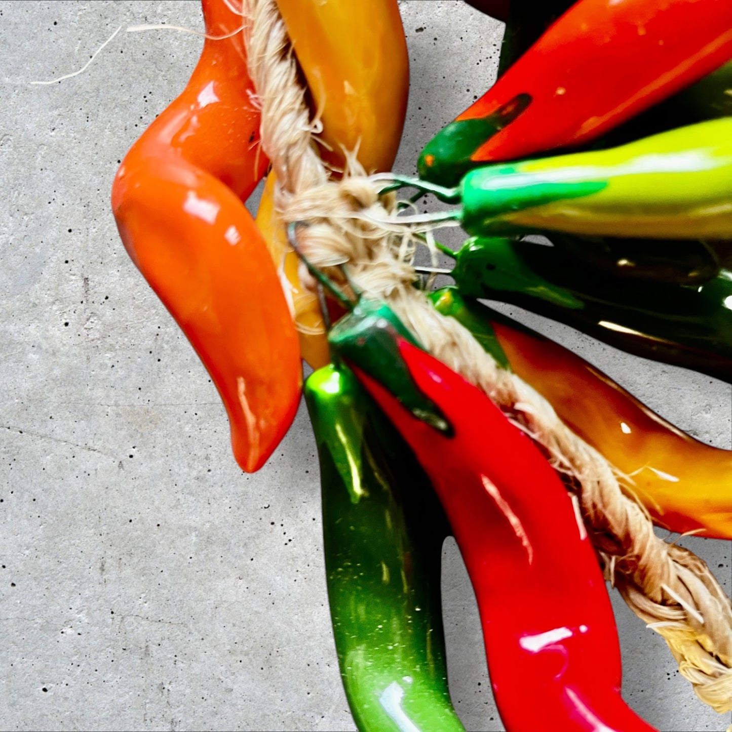 Curly multicolored chili peppers attached