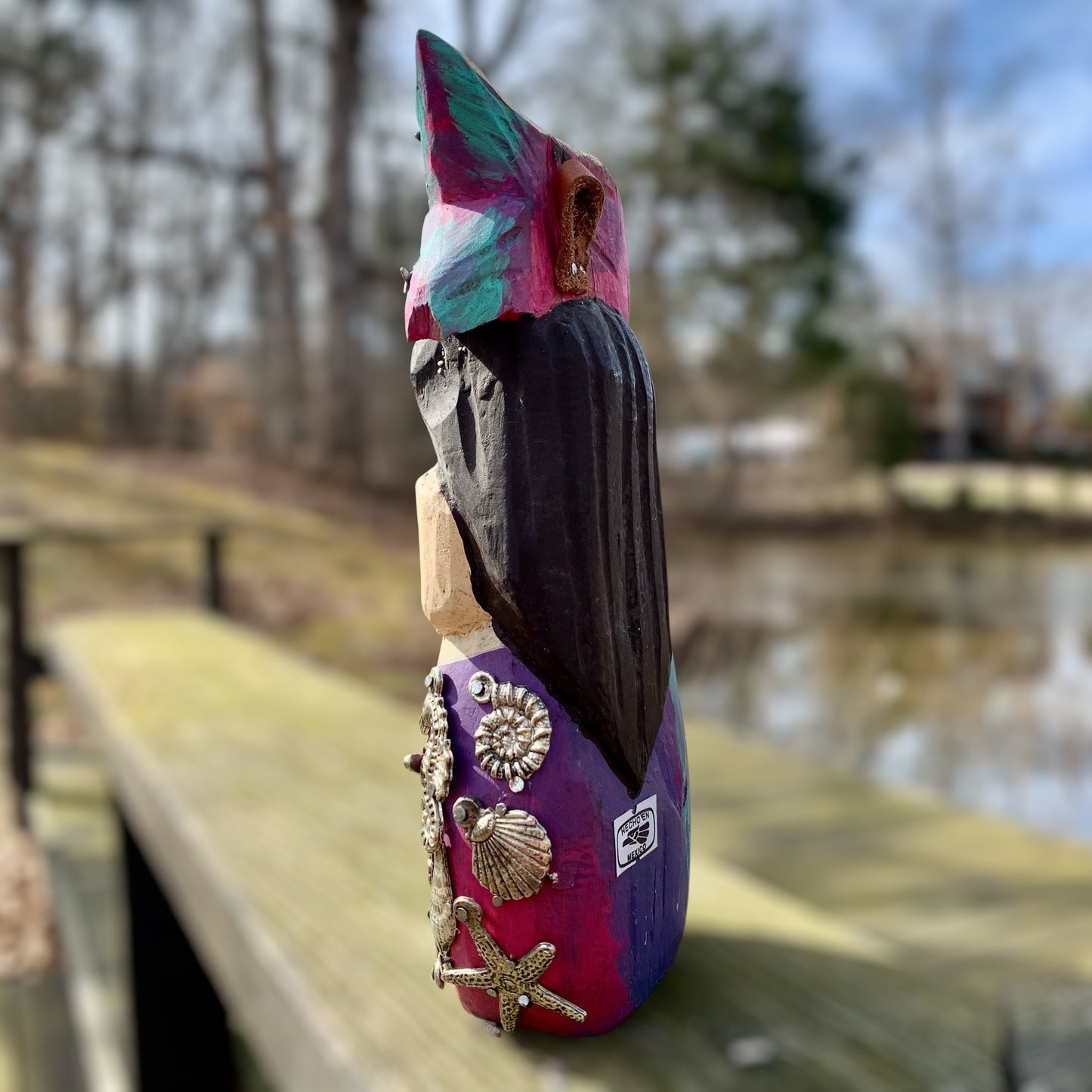 Mexican Milagro mermaid with fish on head side
