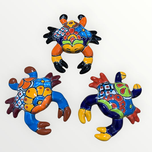 Set of three colorful Mexican Talavera wall crabs