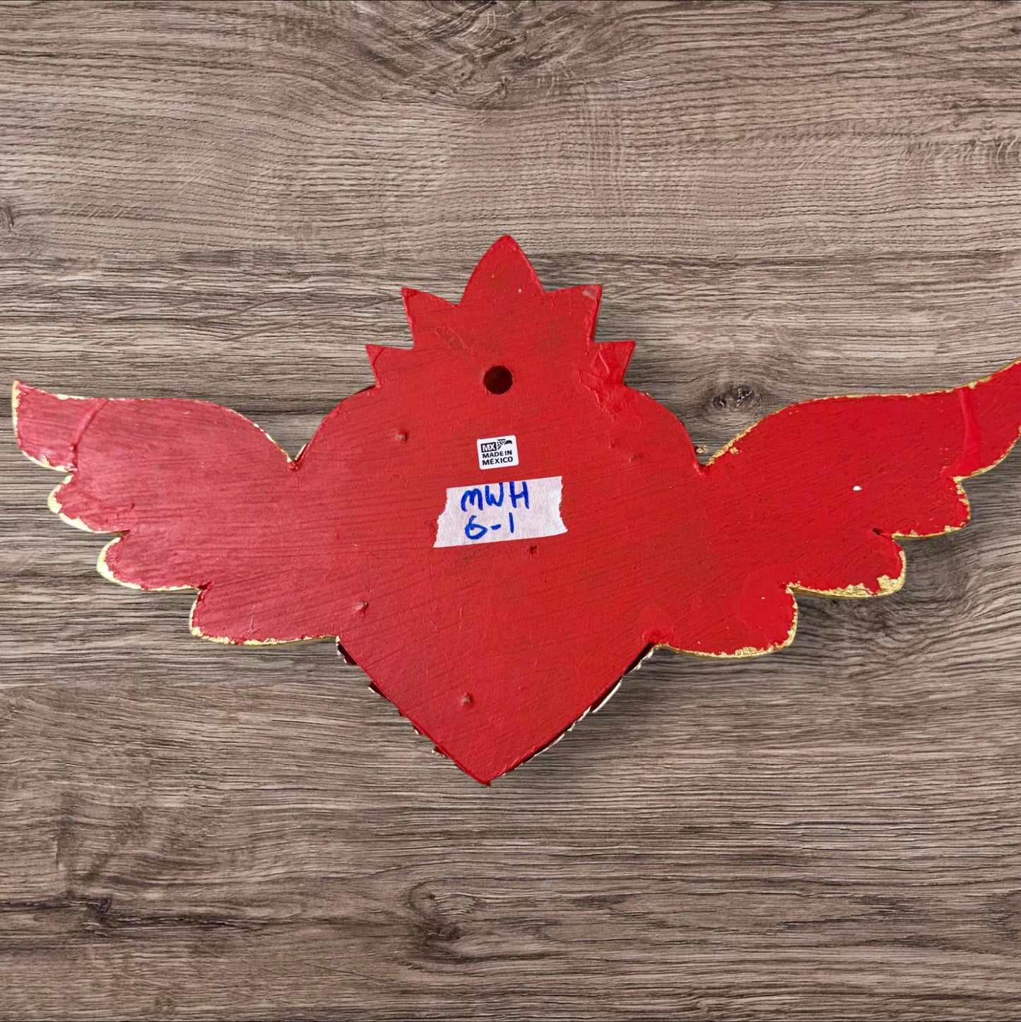 Winged Mexican Milagros Sacred Heart wood wall art Back