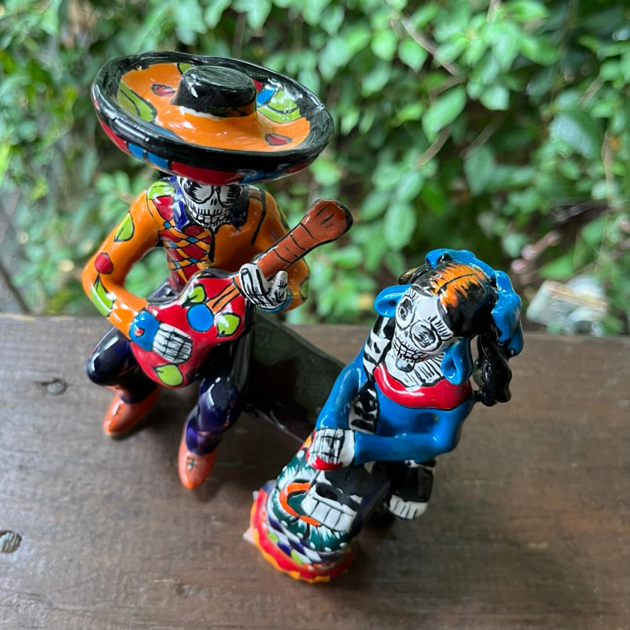 Mexican Catrina Couple on BEnch Rancho Cowboy top