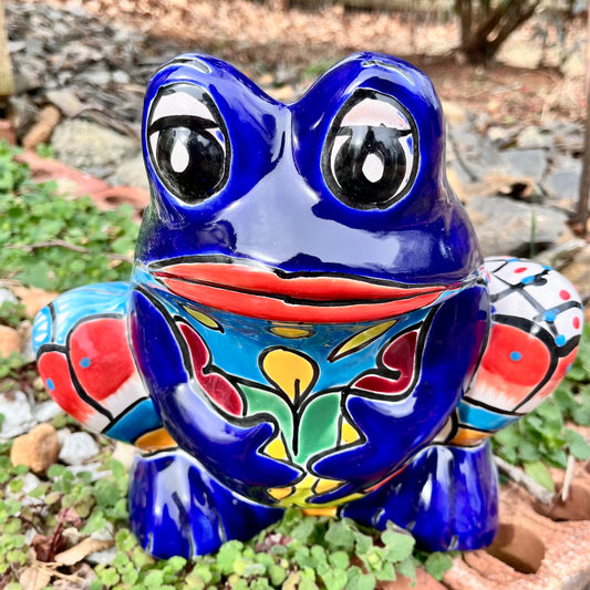 Mexican Talavera frog planter in Azul blue