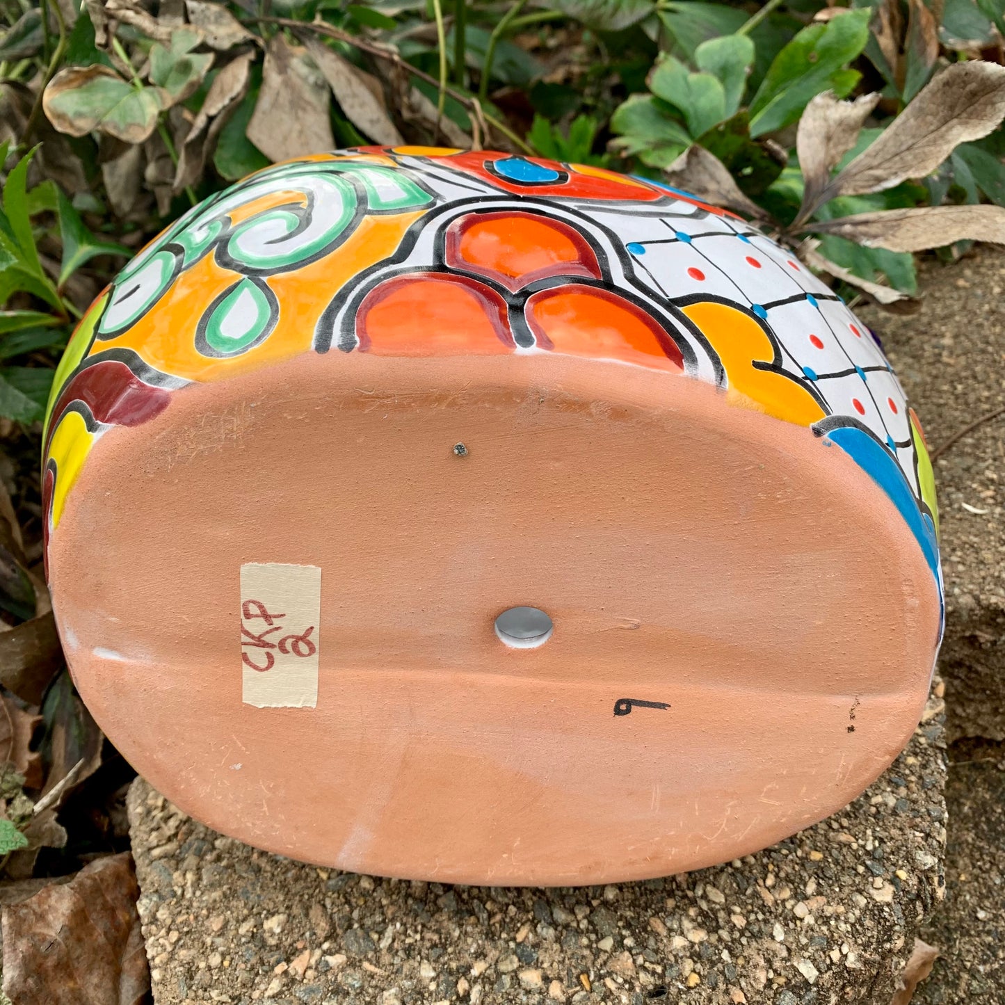 Chicken pot planter bottom of view Showing drain hole