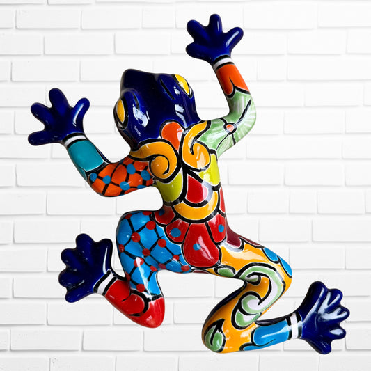 Mexican Talavera wall frog in dark blue with multicolored designs