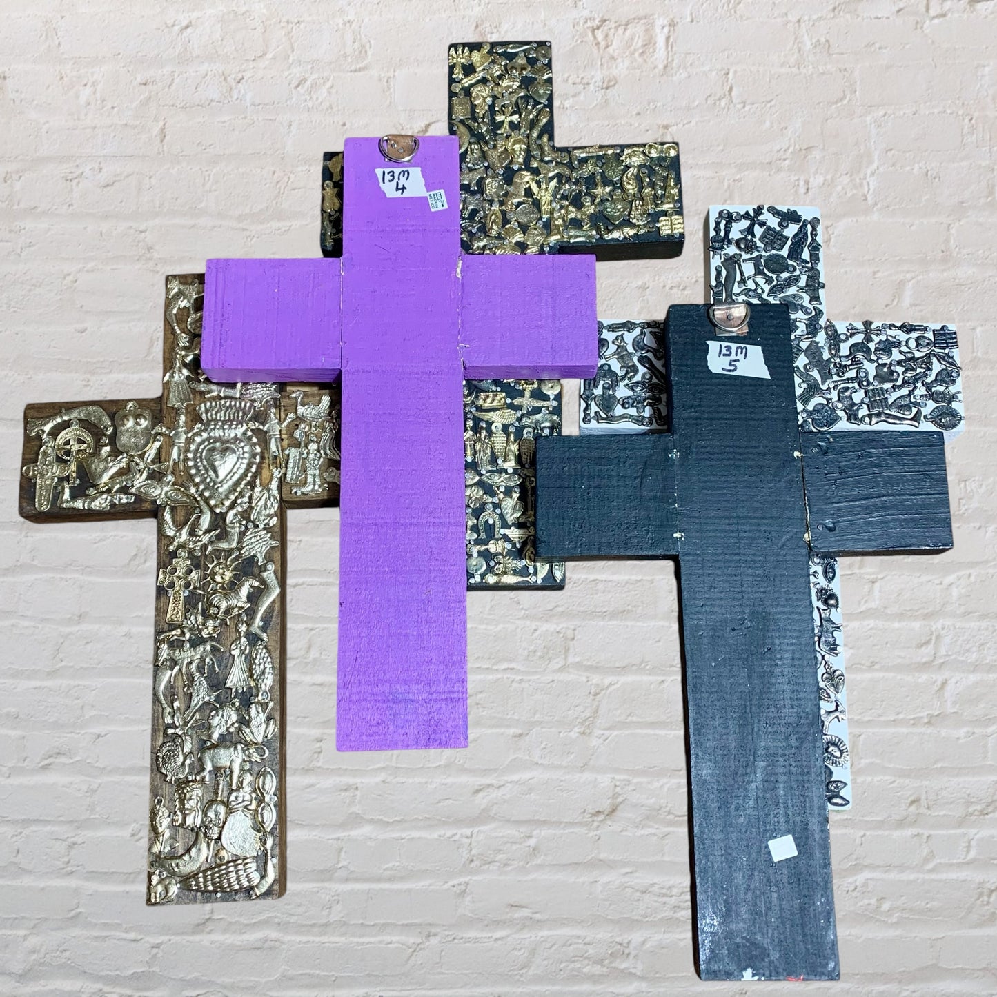 Mexican wood milagros crosses back