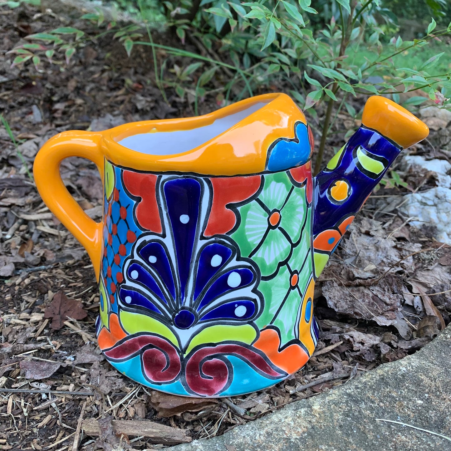 Mexican Talavera watering can planting pot Amarillo two