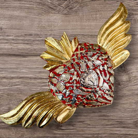 Winged Mexican Milagros Sacred Heart wood wall art