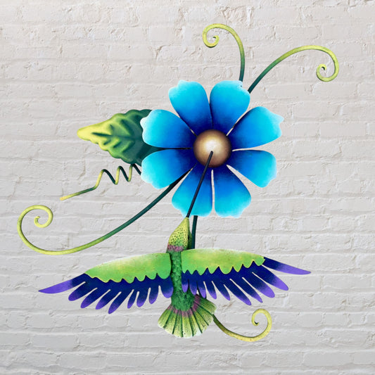 Azul hummingbird with blue flower wall art