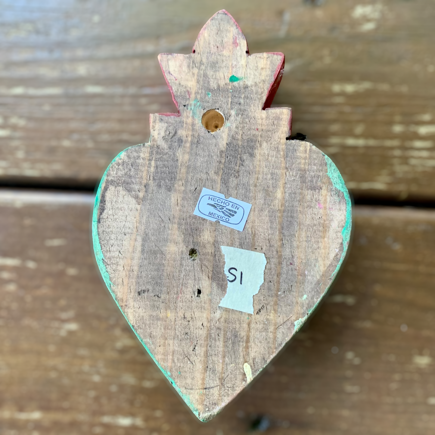 Mexican Wood Folk Art painted Heart with Milagros Charm