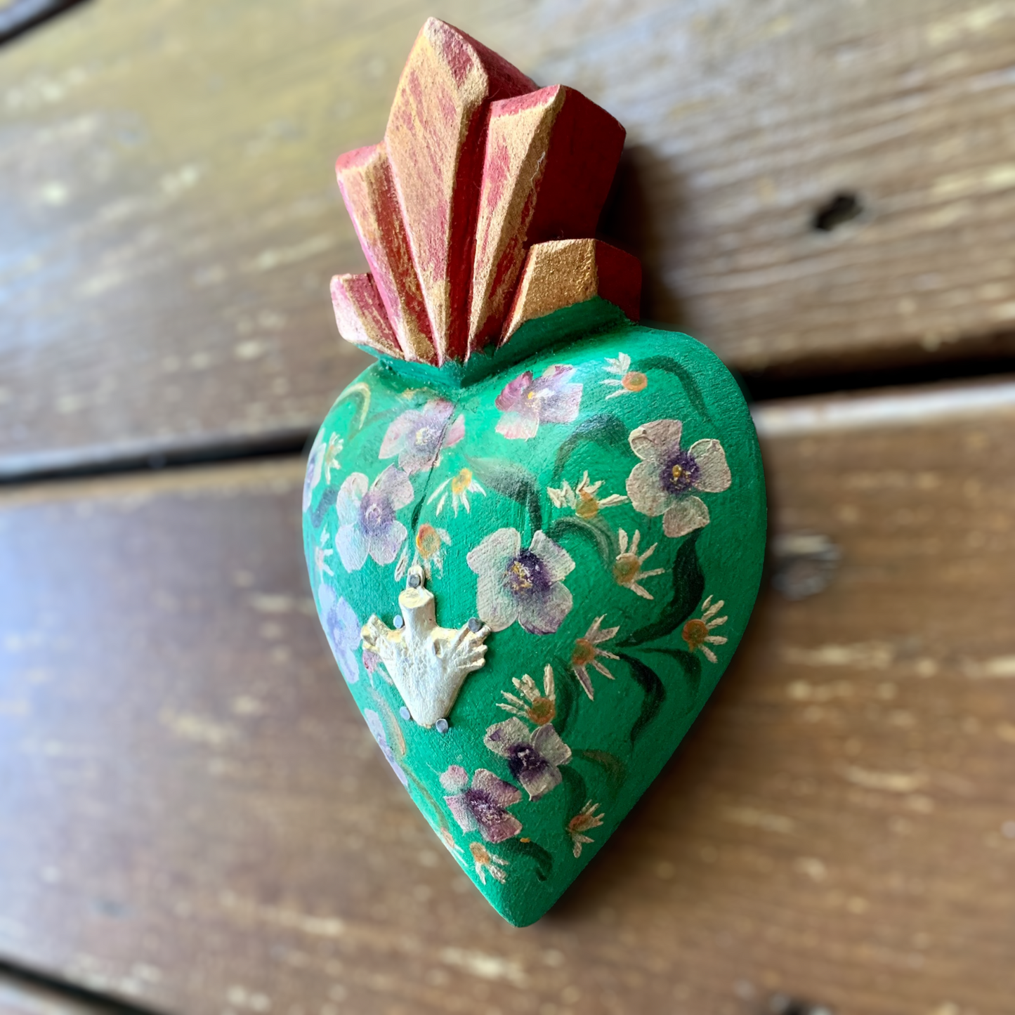 Mexican Wood Folk Art painted Heart with Milagros Charm
