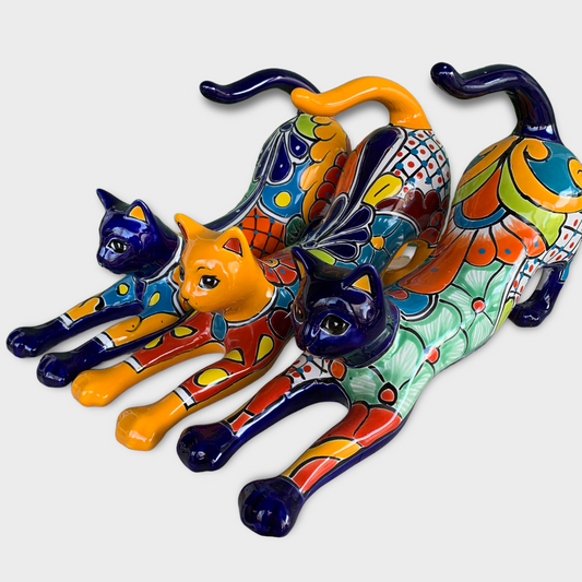 Mexican Talavera Stretching Kitty Cat shown in different colors