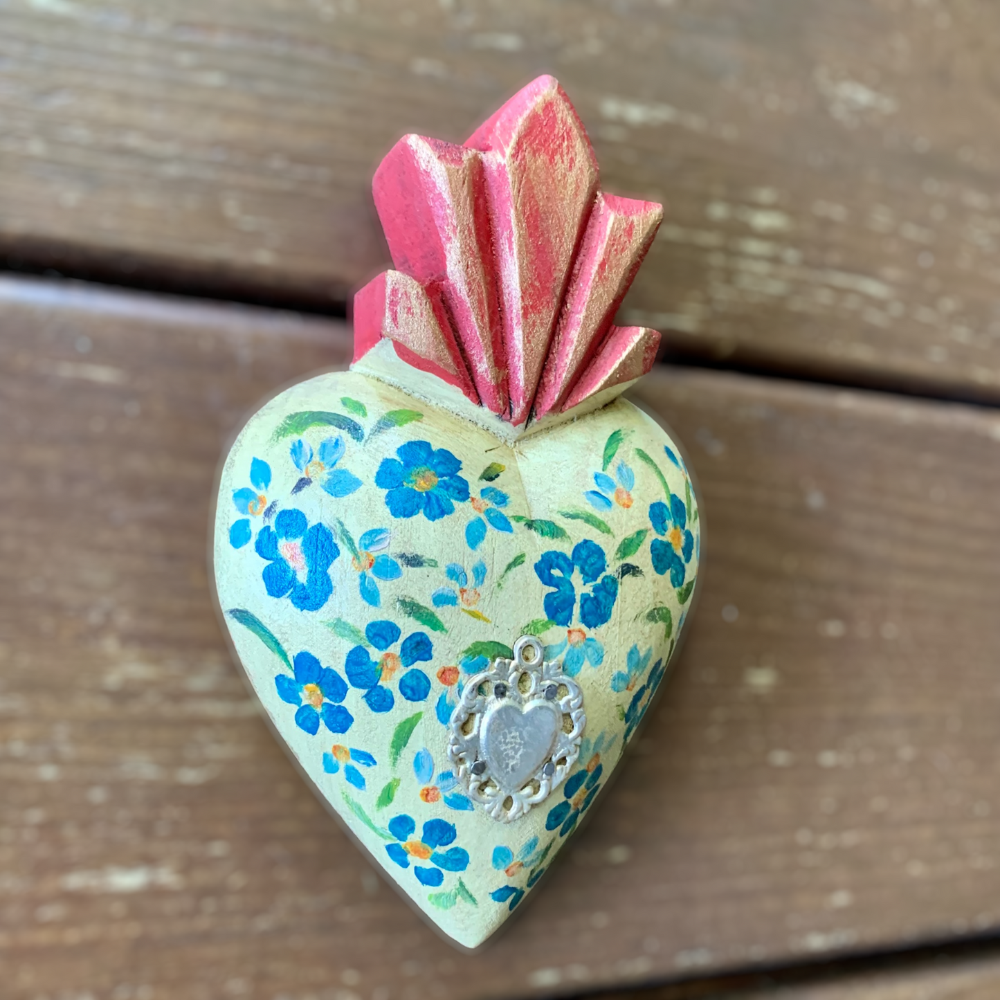 Mexican Wood Folk Art painted Heart with Milagros Charm