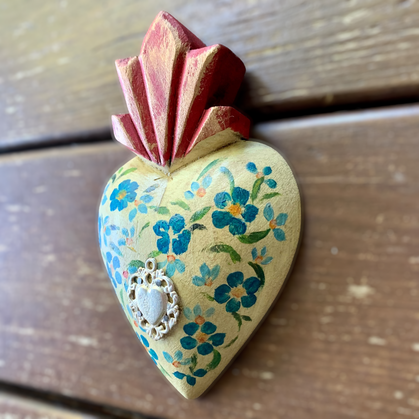Mexican Wood Folk Art painted Heart with Milagros Charm