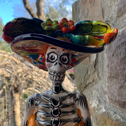Talavera Catrina skeleton doll with Cala lilies