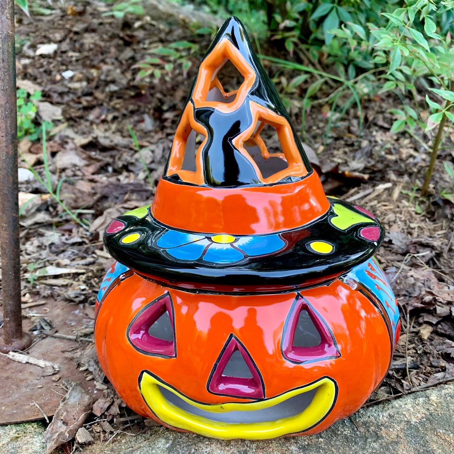 Talavera witchy pumpkin JOL wearing witch hat five 