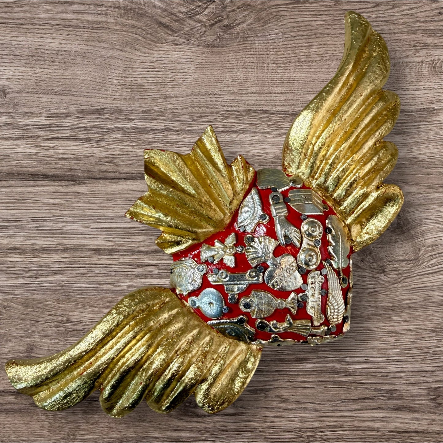 Winged Mexican Milagros Sacred Heart wood wall art