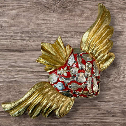 Winged Mexican Milagros Sacred Heart wood wall art