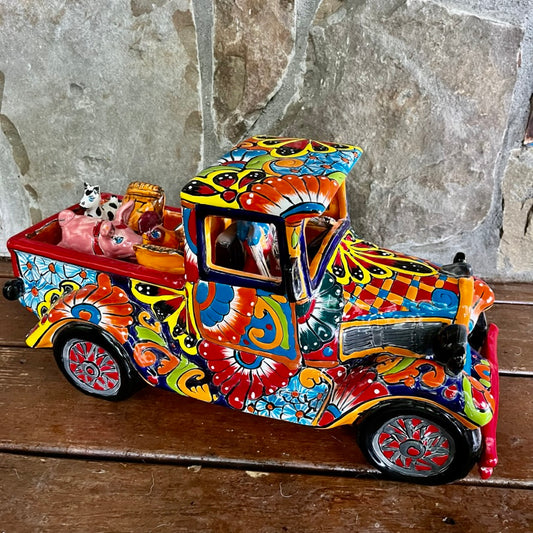 mexican talavera pick up truck with catrina skeltons