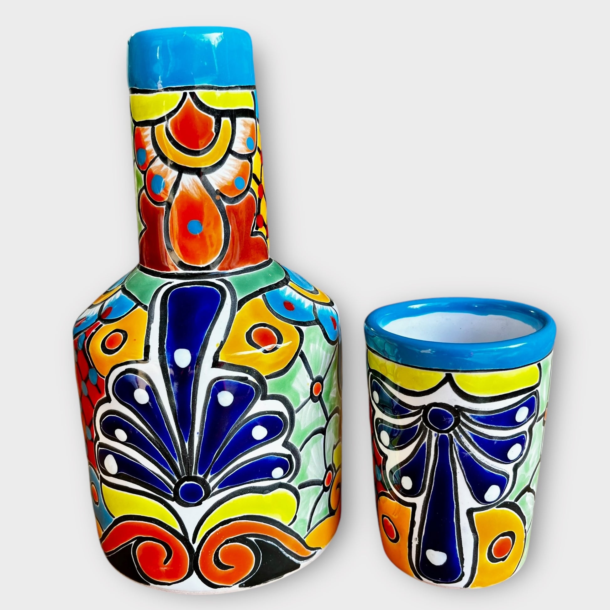 Talavera water jug with cup turquoise 