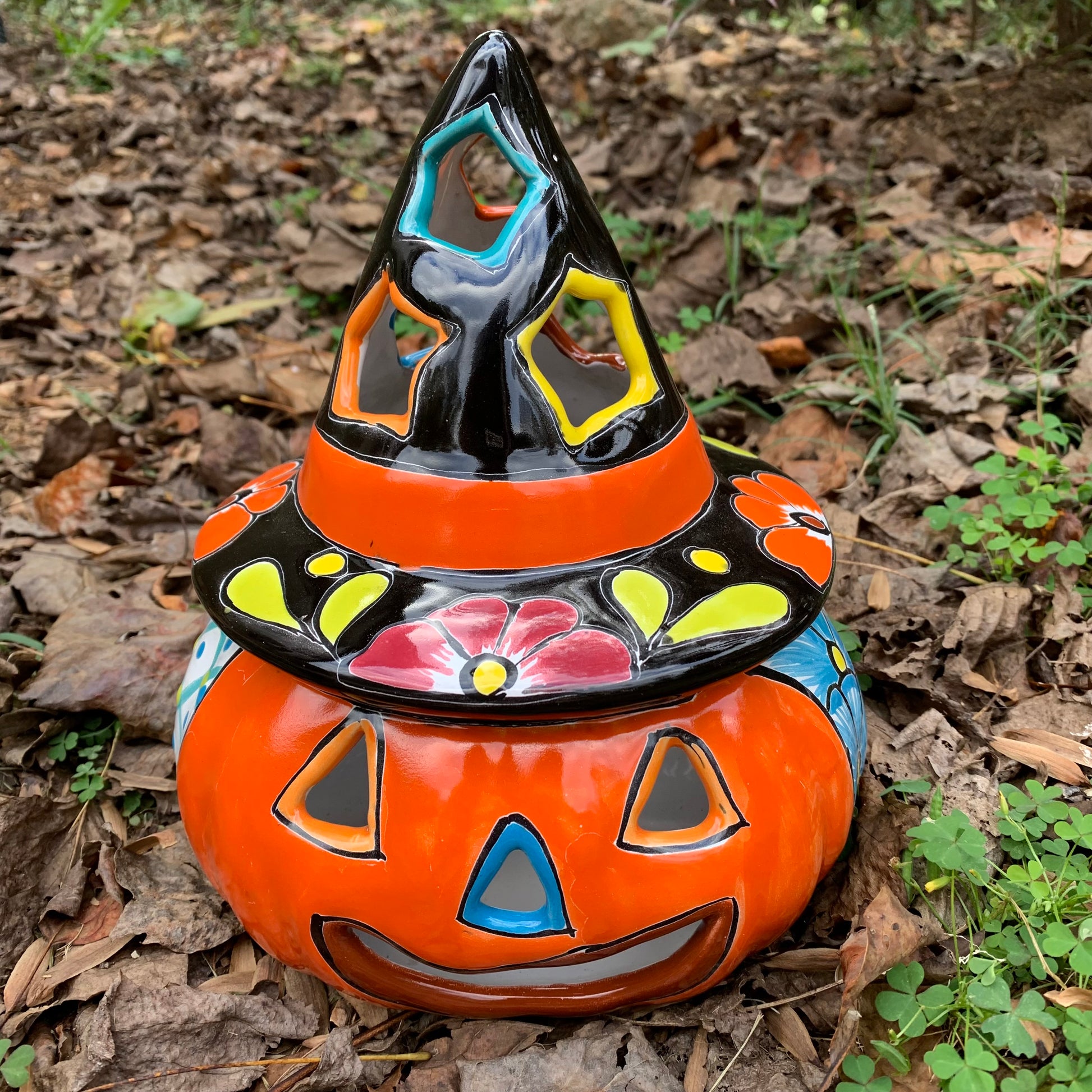 Talavera witchy pumpkin JOL wearing witch hat one