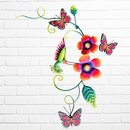 Colorful butterfly and flower wall decor on a white brick wall background