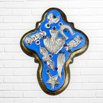 Wood Milagros folk art cross mini bright blue
