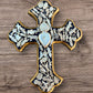 Milagros decorated wood cross dark stain