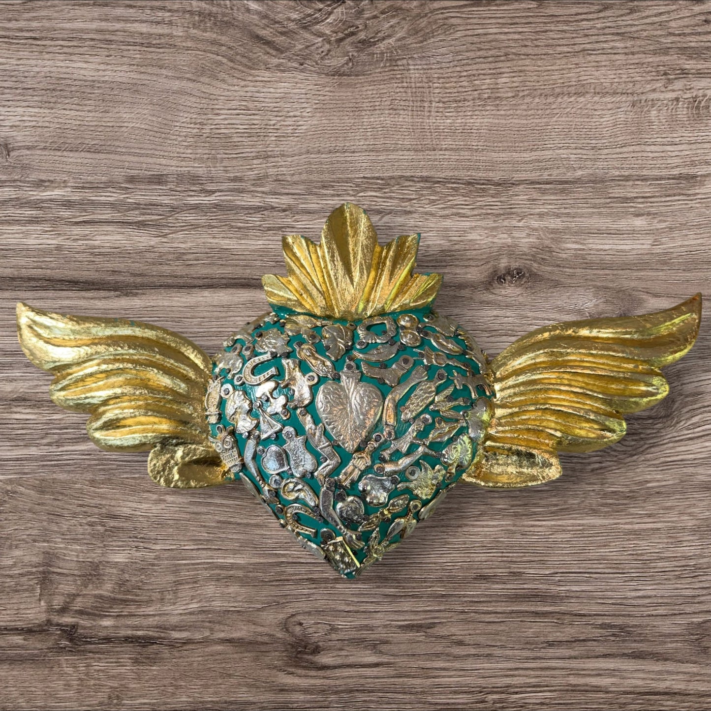Winged Mexican Milagros Sacred Heart wood wall art Front