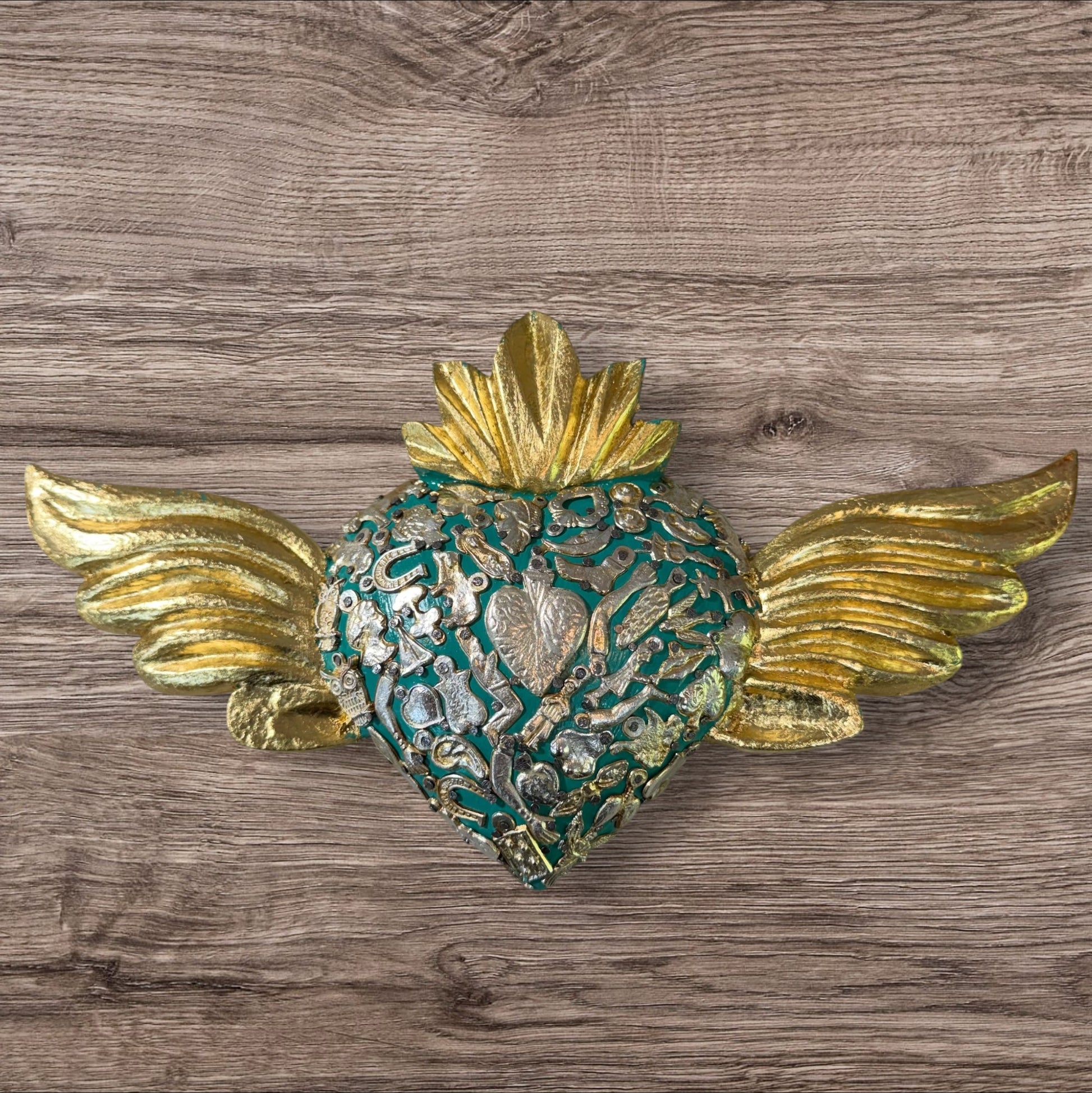 Winged Mexican Milagros Sacred Heart wood wall art Front