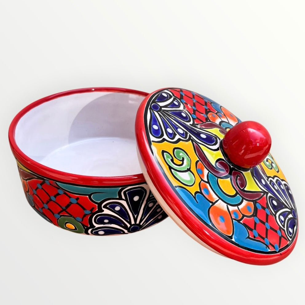 Mexican Talavera tortilla serving piece with lid Open lid 