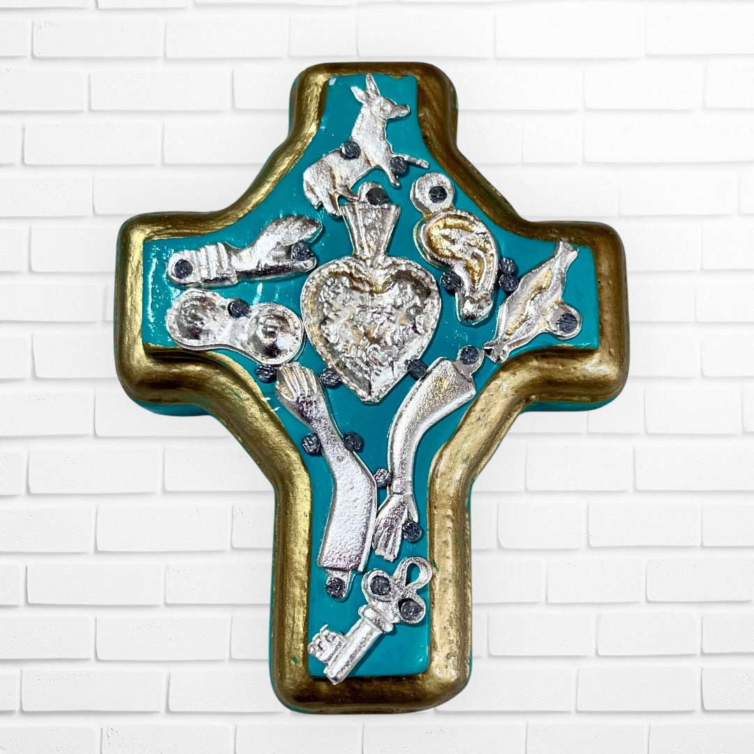 Wood Milagros folk art cross mini Teal