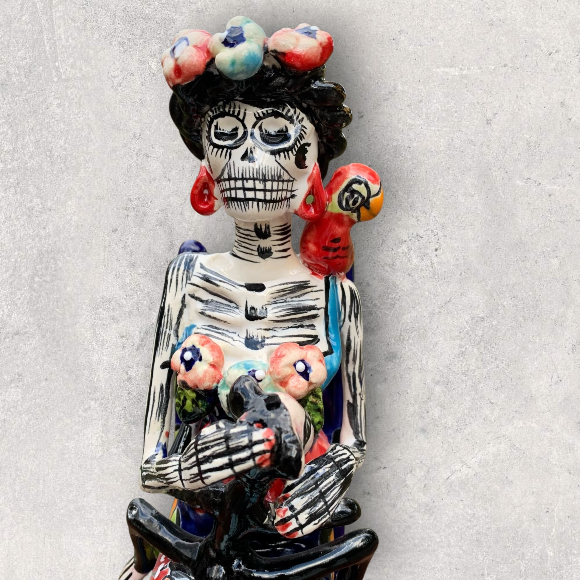 Frida Senada was her parrot on her shoulder and monkey and her lap close-up of face