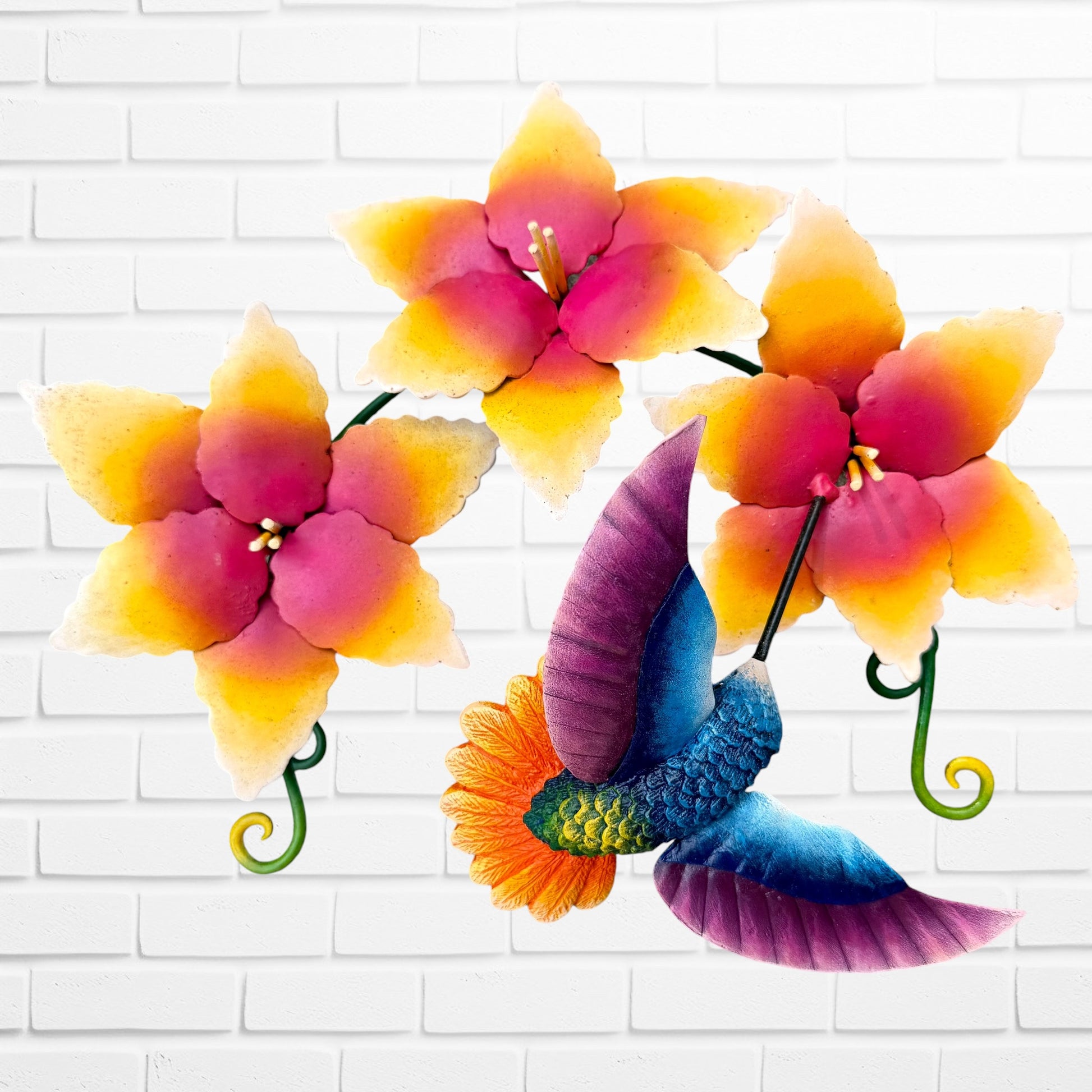 Metal hummingbird sculpture with Vibrant yellow flowers 