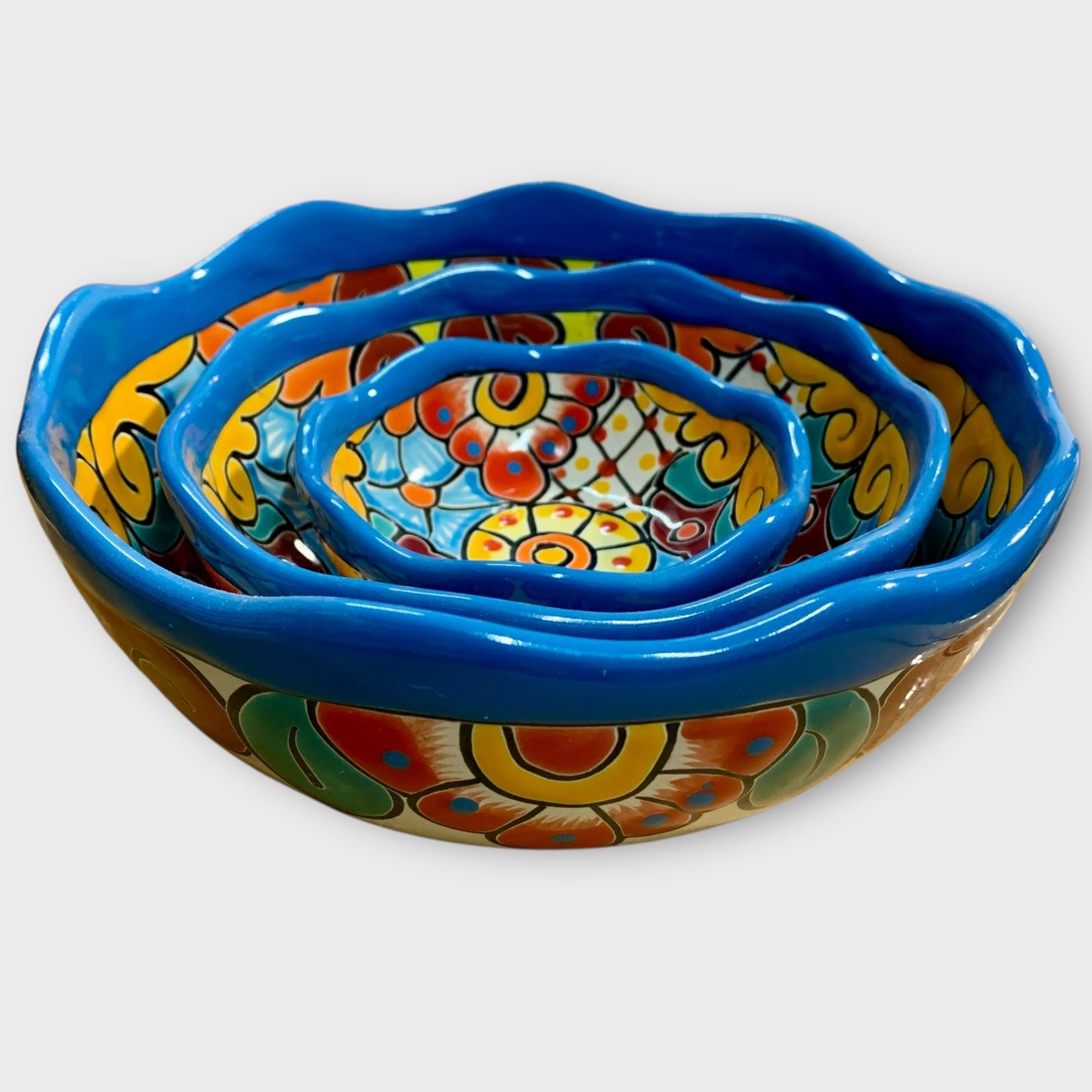 Mexican Talavera Nesting bowl set Turquoise side angle