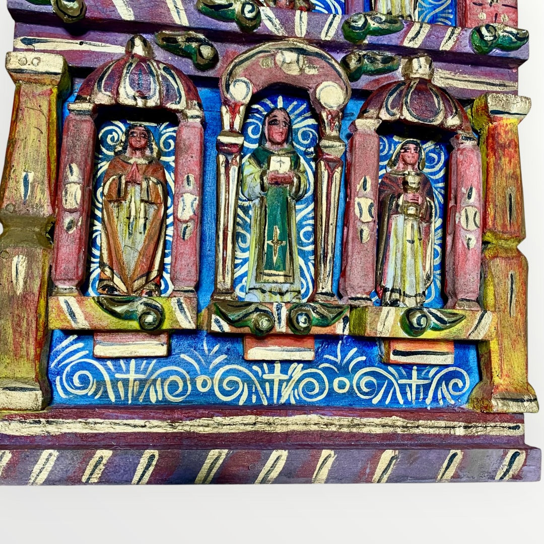 Mexican wood red table with Catholic Saints in Niches Bottom section