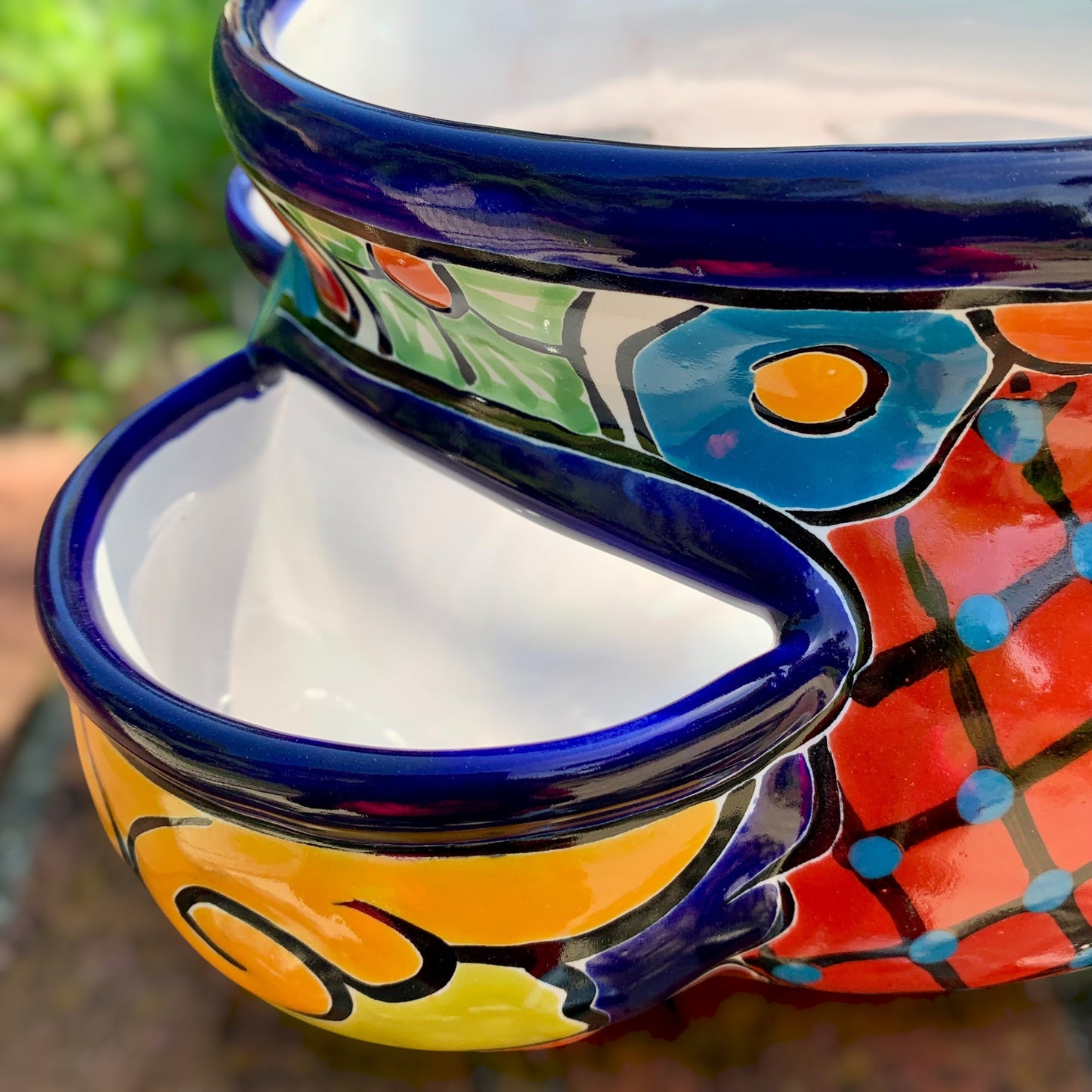 Mexican Talavera strawberry planting pot in Azul Cobalt blue Side pocket