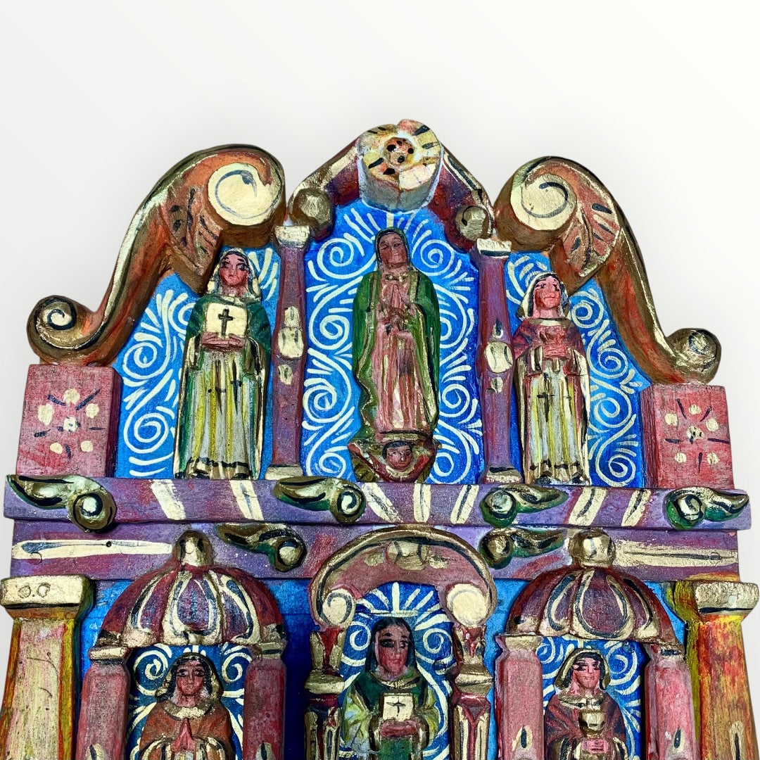 Mexican wood red table with Catholic Saints in Niches Top section