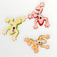 Three colorful ceramic frogs on a white background Back view
