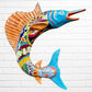 Colorful Mexican Talavera selfish sculpture against a white brick wall