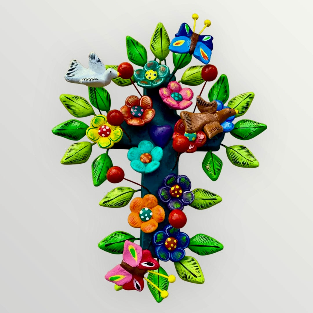 Ortega Pottery Folk art cross with leaves, flowers and butterflies Style One