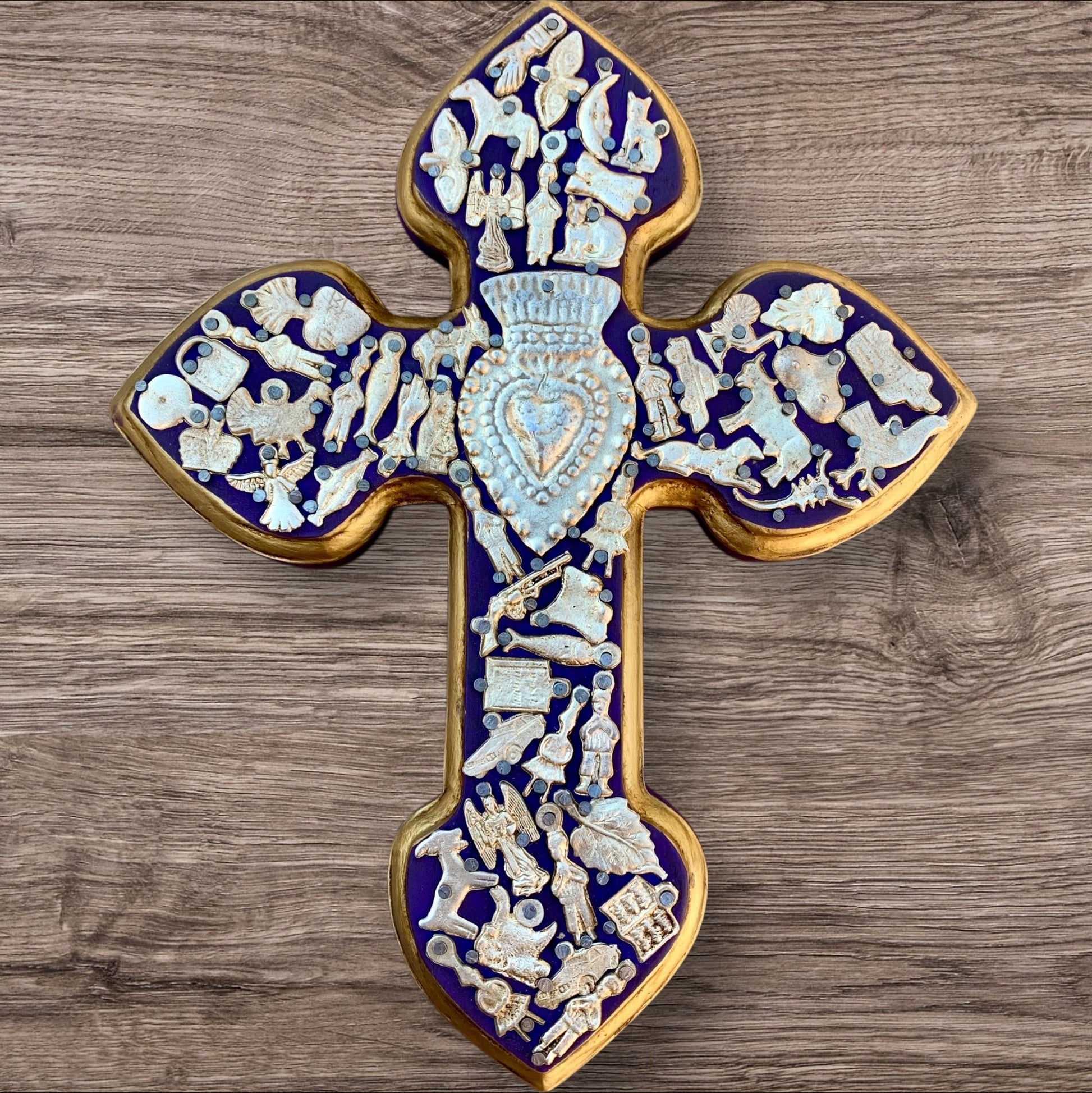 Milagros decorated wood cross azul blu
