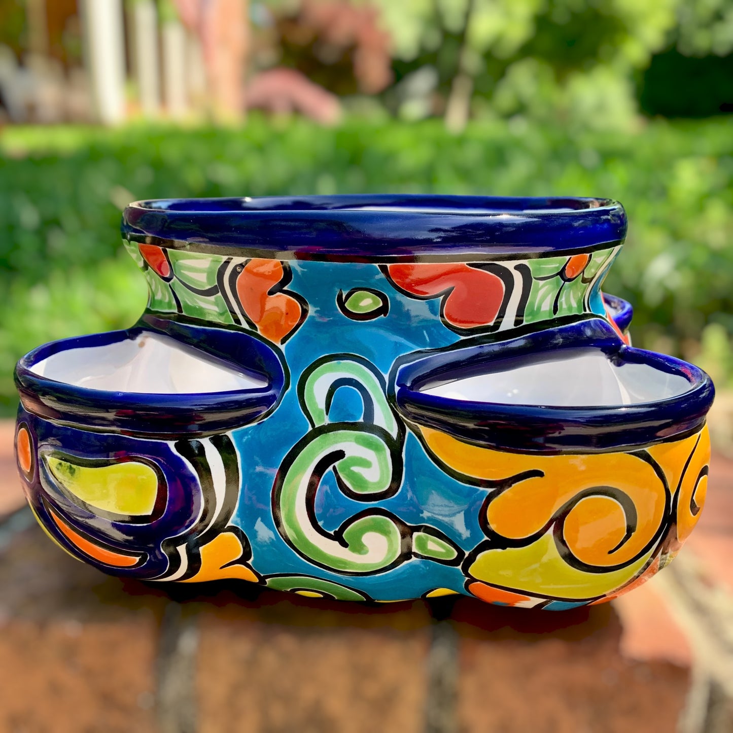 Mexican Talavera strawberry planting pot in Azul Cobalt blue Side view 