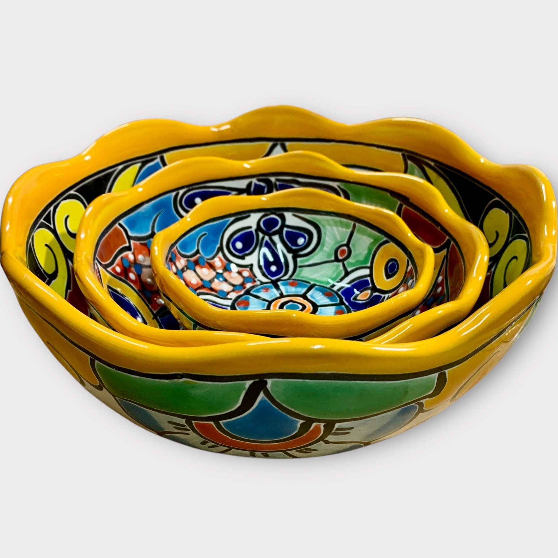 Mexican Talavera Nesting bowl set Amarillo side angle