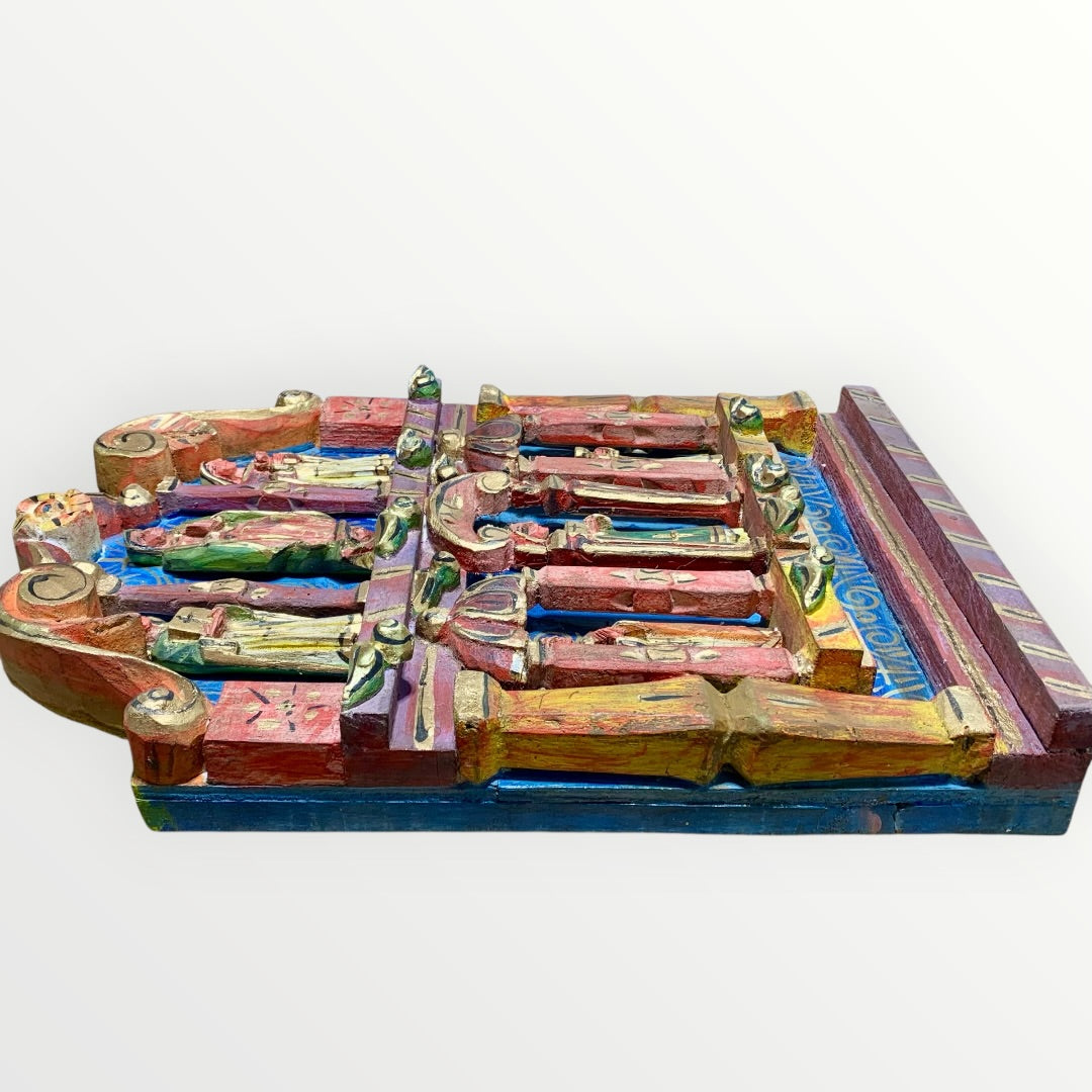 Mexican wood red table with Catholic Saints in Niches Left side view